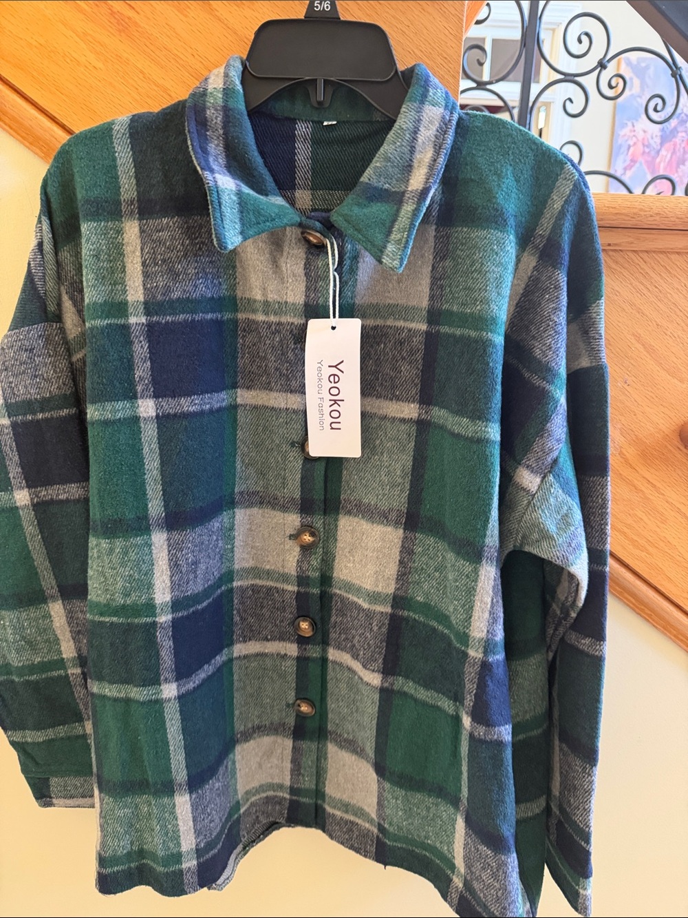 Men's Green & Blue Plaid Button-Up Shirt Side Pockets Sz Large New With Tag